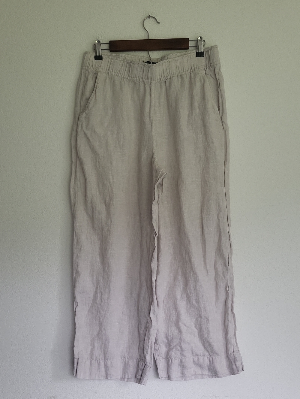 Tahari 100% Linen Cropped Wide Leg Pants Beige Elastic Waist Summer Resort